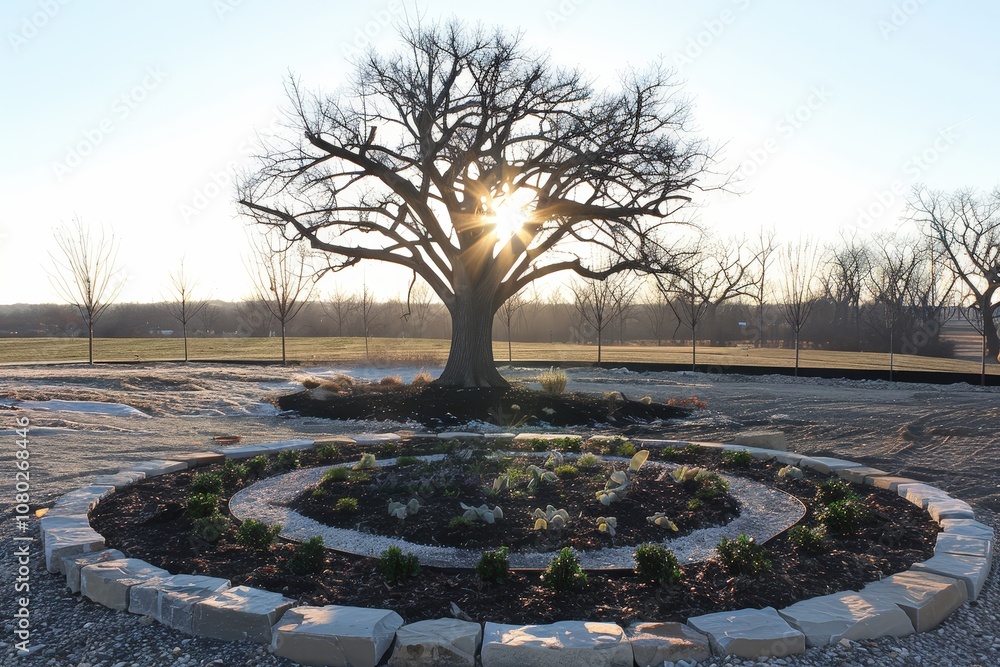 A large tree is in the center of a circular garden A large tree is in the center of a circular garden
