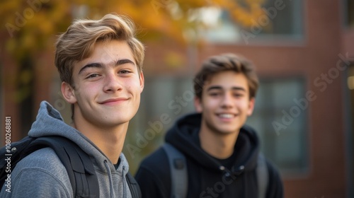 Two young males standing side by side, possibly friends or partners