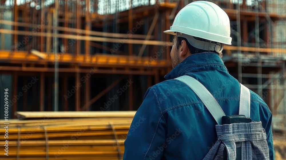 Male construction worker observing building site Male construction worker observing building site