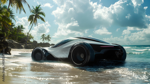 A futuristic amphibious car transitioning from land to water along a tropical beach. photo