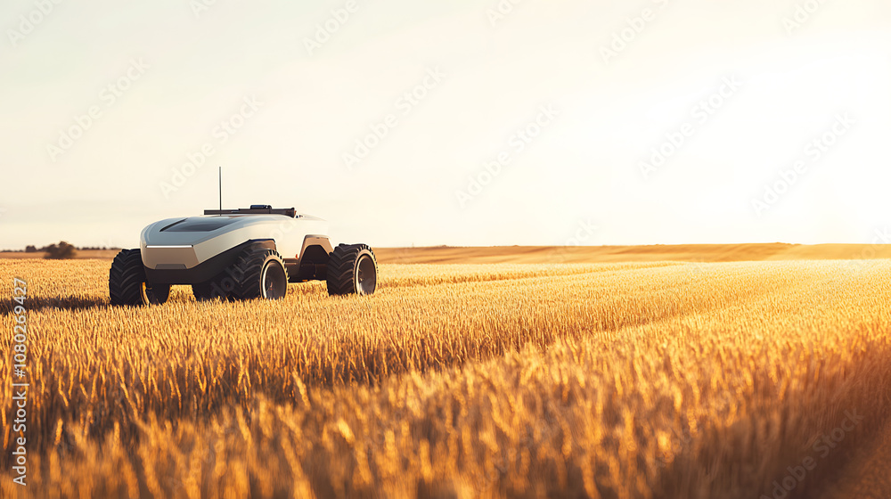 Fototapeta premium A futuristic autonomous farm vehicle plowing a vast wheat field under a clear sky.