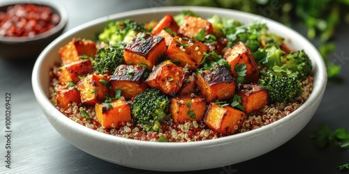 Closeup of a bowl of quinoa, roasted sweet potatoes, broccoli, and cilantro.