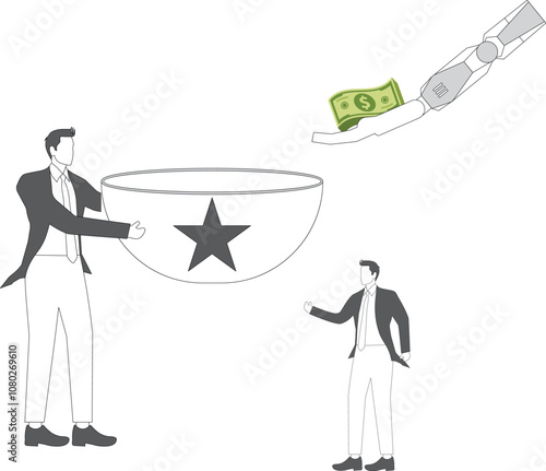 Businessman holds an empty bowl to beg for help and a big hand gives him money