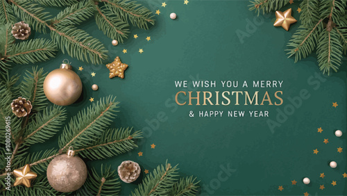 We wish you a Merry Christmas and Happy new year greeting realistic on green background template