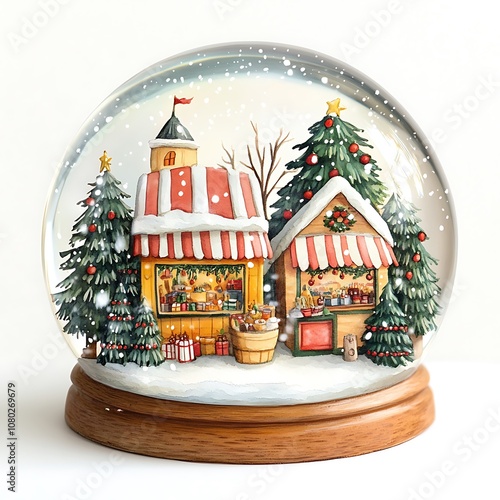 Festive winter scene in a snow globe christmas market decorative art cozy atmosphere close-up view holiday magic