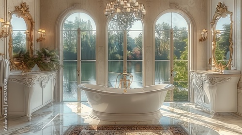 A breathtakingly grand bathroom with floor-to-ceiling marble walls and a freestanding, oversized tub positioned beneath an intricate crystal chandelier, casting a soft glow over the space. photo