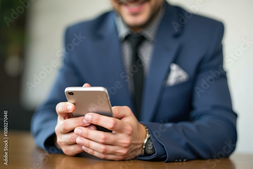 Businessman in Blue Suit Using Smartphone, Perfect for Marketing, Advertising, and Corporate Branding Materials