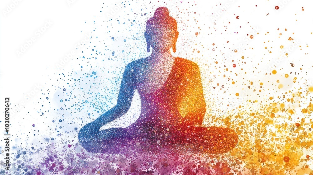 Buddha, portrayed with a network of glowing lines and dots that connect to form the figure, set on a pure white background. Buddha, portrayed with a network of glowing lines and dots that connect to form the figure, set on a pure white background.