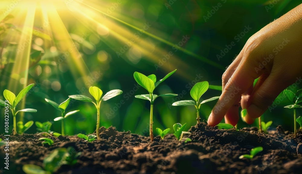 Sunlight and Growth: Hand Nurturing Young Plants Sunlight and Growth: Hand Nurturing Young Plants