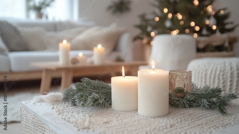 Scandinavian Christmas Decor Featuring Elegant Candles on a Cozy Table with Greenery and a Festive Atmosphere in a Modern Living Room Setting Scandinavian Christmas Decor Featuring Elegant Candles on a Cozy Table with Greenery and a Festive Atmosphere in a Modern Living Room Setting