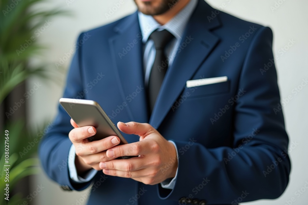 Professional Businessman in Blue Suit Using Smartphone, Ideal for Corporate Marketing, Business Presentations, and Professional Websites Professional Businessman in Blue Suit Using Smartphone, Ideal for Corporate Marketing, Business Presentations, and Professional Websites