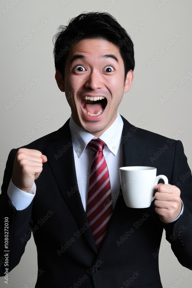Excited businessman holding coffee mug Excited businessman holding coffee mug