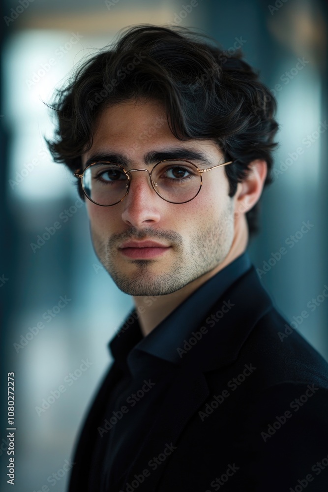 A man wearing glasses and a black shirt is standing in front of a blurred background, the focus being on him A man wearing glasses and a black shirt is standing in front of a blurred background, the focus being on him