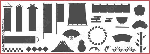 シンプルな和風、和柄のフレーム、アイコン素材セット　テキスト無し　ベクターイラスト　モノクロ　白黒　白バック