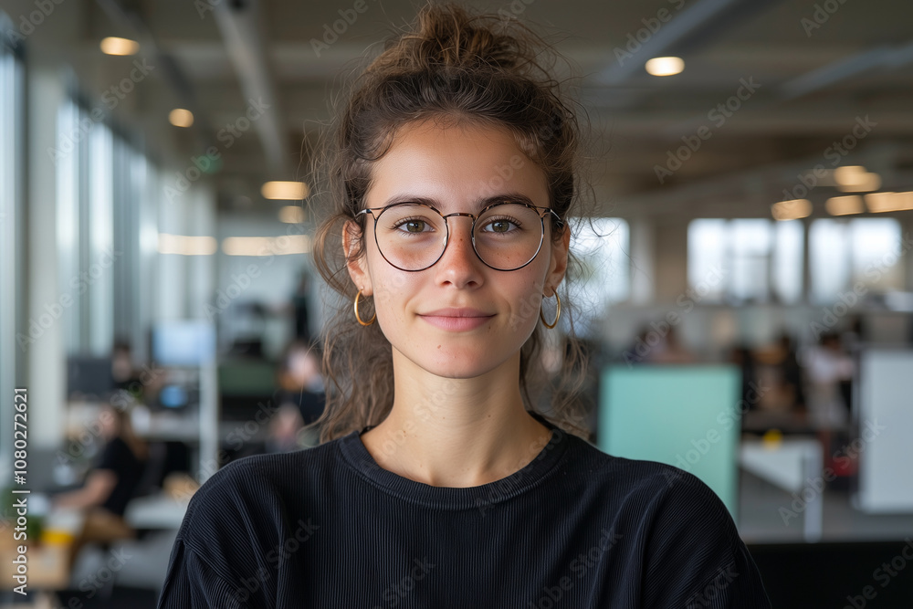 A young woman with glasses smiles confidently in bright, airy office space, showcasing modern and professional environment. Her relaxed demeanor adds touch of warmth to bustling atmosphere A young woman with glasses smiles confidently in bright, airy office space, showcasing modern and professional environment. Her relaxed demeanor adds touch of warmth to bustling atmosphere