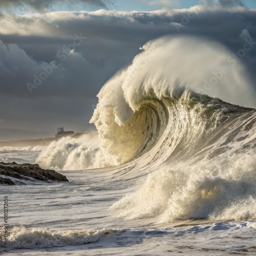 Massive Wave Crashing at Marejadarz Showcasing Nature's Raw Power. Generative AI photo