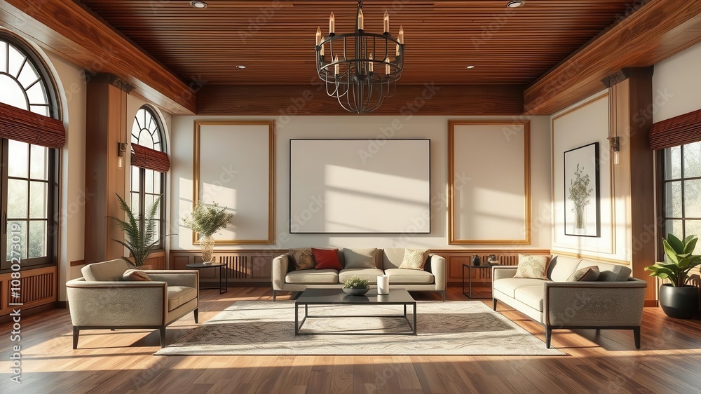 A living room mockup with a modern template perspective, sample, home, decor A living room mockup with a modern template perspective, sample, home, decor