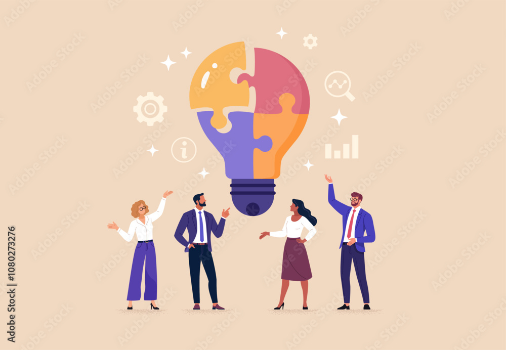 © nadzeya26 - Business Discussion Concept. Contemporary flat style vector illustration of diverse standing people in business suits discussing an idea in the form of light bulb made of puzzle pieces. © nadzeya26 - Business Discussion Concept. Contemporary flat style vector illustration of diverse standing people in business suits discussing an idea in the form of light bulb made of puzzle pieces.
