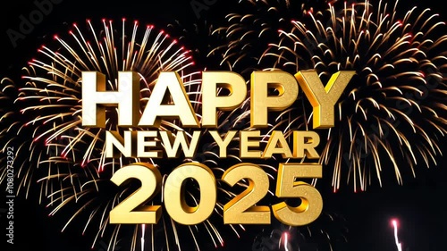 Fireworks forming golden shiny Happy New Year 2025 lettering animation. Animated text with sparkling effects. Greeting inscription