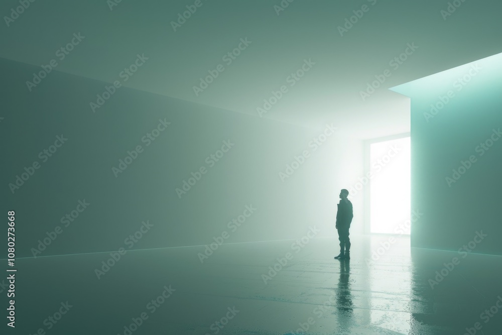Fototapeta premium A person stands alone in an empty room with the door open, waiting for something