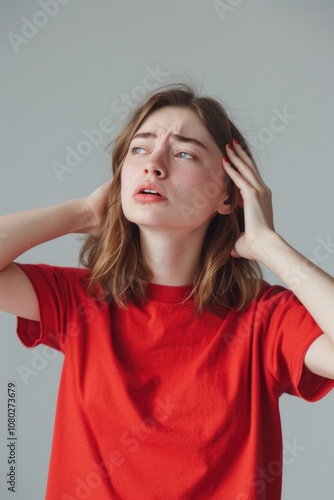 A woman in a red shirt holds her head, possibly experiencing pain or discomfort