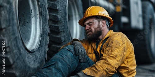 Worker injured near heavy machinery construction site action photo industrial environment close-up view safety awareness