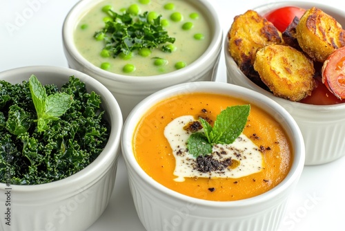 Four bowls of soup with various vegetables, served on a table photo