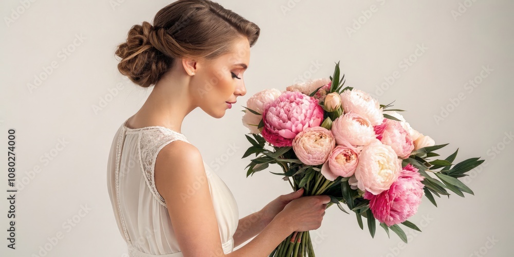A Woman Gracefully Holds a Bouquet of Peonies in Soft, Natural Light. Generative AI A Woman Gracefully Holds a Bouquet of Peonies in Soft, Natural Light. Generative AI