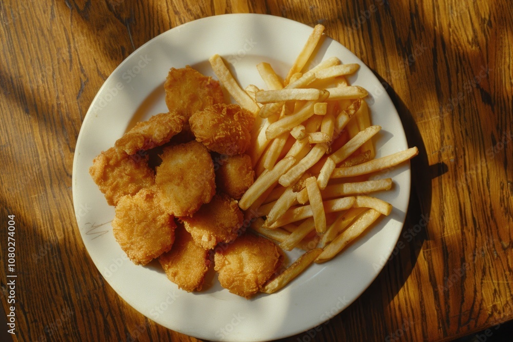 Freshly cooked fried fish served with crispy french fries on a clean white plate Freshly cooked fried fish served with crispy french fries on a clean white plate