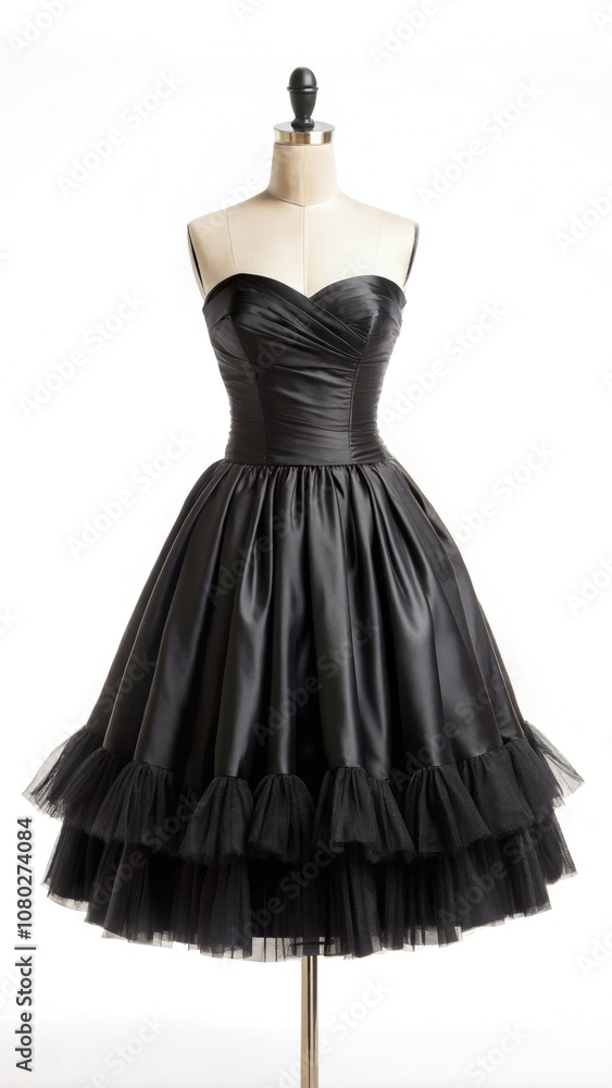 Elegant Black Bouffant Dress Displayed on a Mannequin Against a White Background. Generative AI Elegant Black Bouffant Dress Displayed on a Mannequin Against a White Background. Generative AI