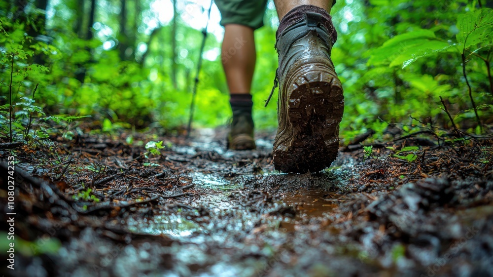 Obraz premium Hiking adventure on forest trail nature walking outdoor environment ground view exploration concept