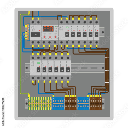 Electrical circuit breaker panel with voltage monitoring relay, circuit breakers, residual current devices  and connected wires