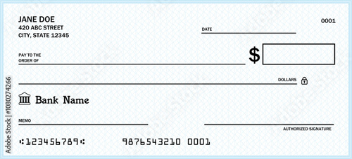Blank bank check. Generic American cheque template vector design.