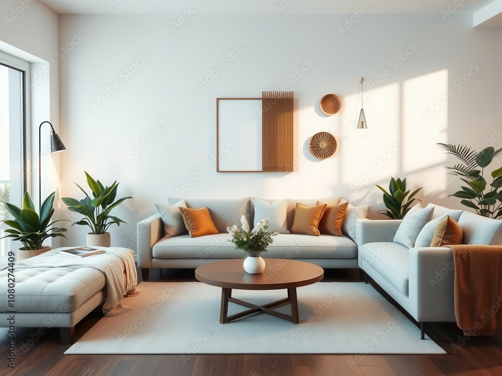 A modern living room mockup featuring a cozy sofa, coffee table, plants, and wall decor, interior design, style, contemporary