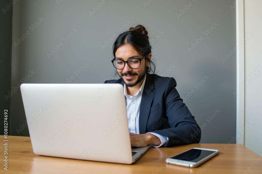 Professional Man Working on Laptop in Office Setting, Ideal for Business and Technology Websites, Blog Posts, and Marketing Materials Professional Man Working on Laptop in Office Setting, Ideal for Business and Technology Websites, Blog Posts, and Marketing Materials