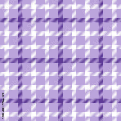 Purple white check pattern. Seamless vector gingham texture. Tablecloth, blanket, washcloth or casual fashion print design. Checkered plaid pattern.