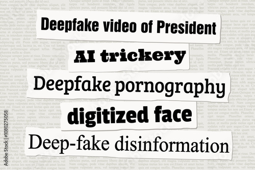 Deep fake AI generated videos and deepfake pornography. Media disinformation and AI ethics issues. News headlines from newspapers.