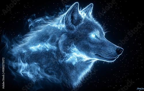 A majestic wolf illuminated by blue flames gazes into the darkness, perfect for winter season designs, mystical artwork, and enchanting holiday themes. photo