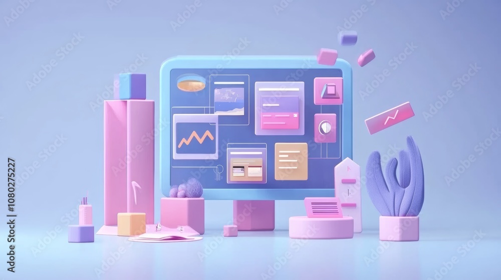 Concept of assembling a web page from modules that fly around the display. The web design studio concept page is on the display Concept of assembling a web page from modules that fly around the display. The web design studio concept page is on the display