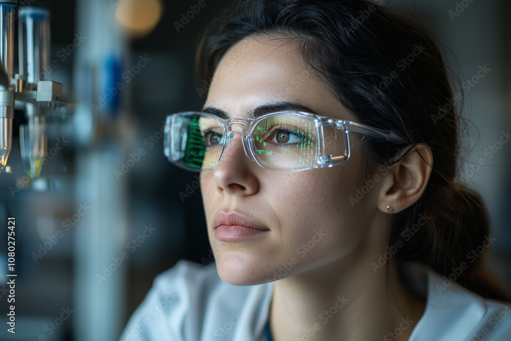 A close up of thoughtful scientist analyzing data with high tech glasses, showcasing concentration and innovation in laboratory setting A close up of thoughtful scientist analyzing data with high tech glasses, showcasing concentration and innovation in laboratory setting