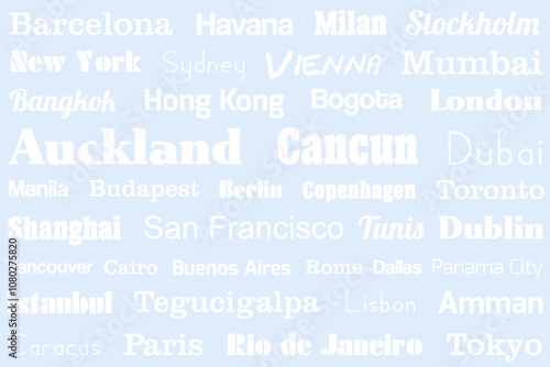 World city names design. Travel destination colorful white blue concept for a doormat, tablecloth or bedsheet. photo