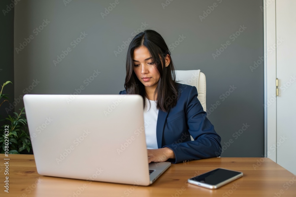 Professional Woman Working on Laptop in Office Setting, Focused and Concentrated, Ideal for Business and Technology Websites Professional Woman Working on Laptop in Office Setting, Focused and Concentrated, Ideal for Business and Technology Websites