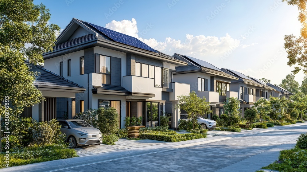 A scenic street view of elegant suburban houses with solar panels on their roofs, accompanied by lush lawns and trees, representing sustainable modern living. A scenic street view of elegant suburban houses with solar panels on their roofs, accompanied by lush lawns and trees, representing sustainable modern living.
