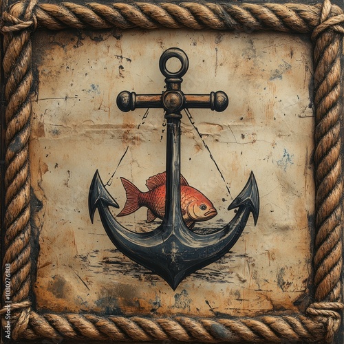 A stylized anchor with a red fish hanging from it, depicted on a textured background with a rope frame. photo