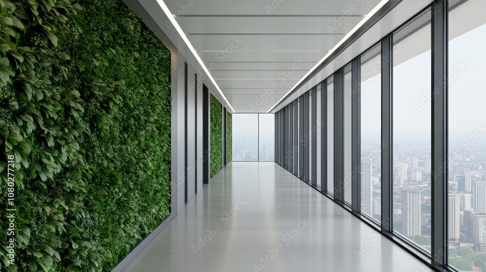 Fototapeta premium A modern, minimalist office corridor featuring lush green walls and expansive glass windows offering city views.