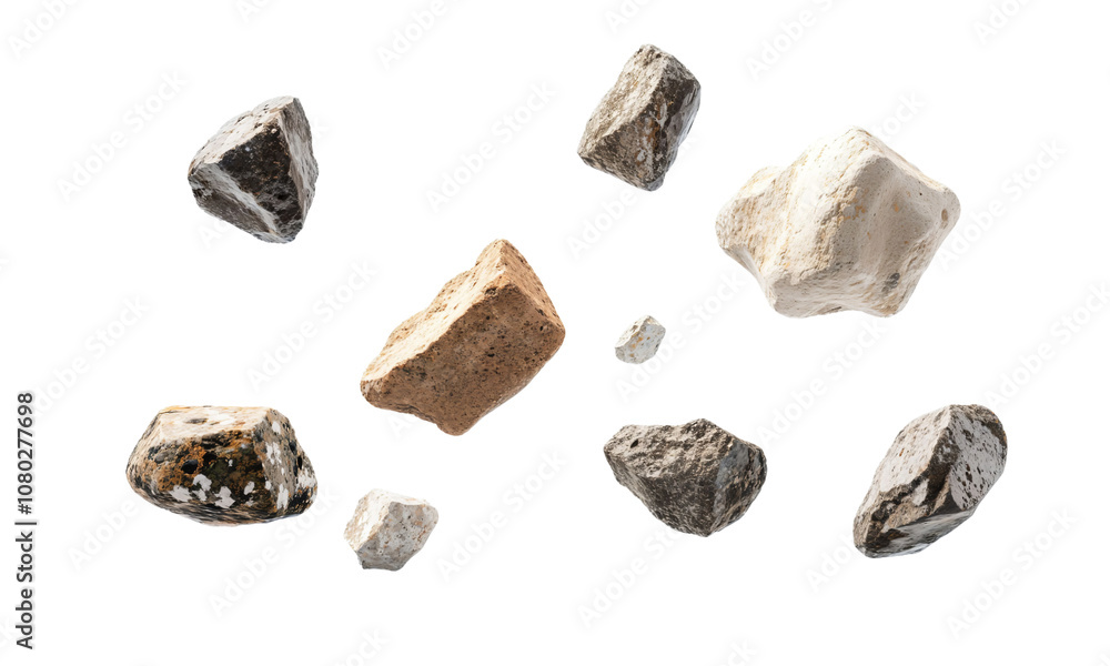 Naklejka premium A captivating assembly of various stones floating in a void, each with unique textures and colors, reflecting the beauty of nature's raw materials against a solid background.