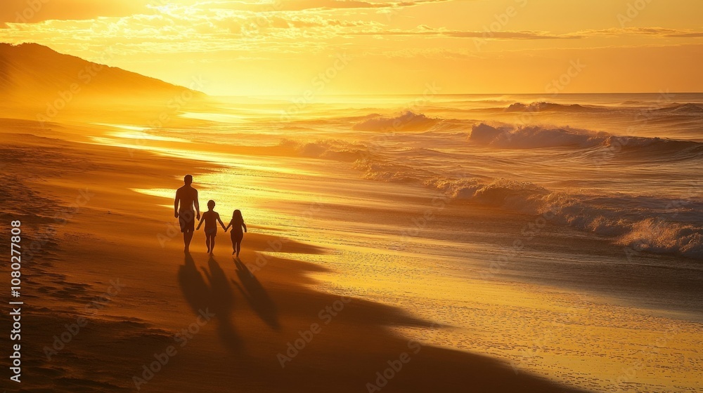 tan-skinned man holding hands with a child while walking along a sandy beach, gentle waves in the background, golden sunset light tan-skinned man holding hands with a child while walking along a sandy beach, gentle waves in the background, golden sunset light