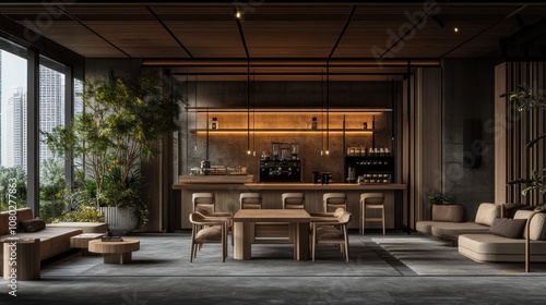 Wallpaper Mural Modern café interior with wooden decor, plants, and a cozy seating area for relaxation. Torontodigital.ca