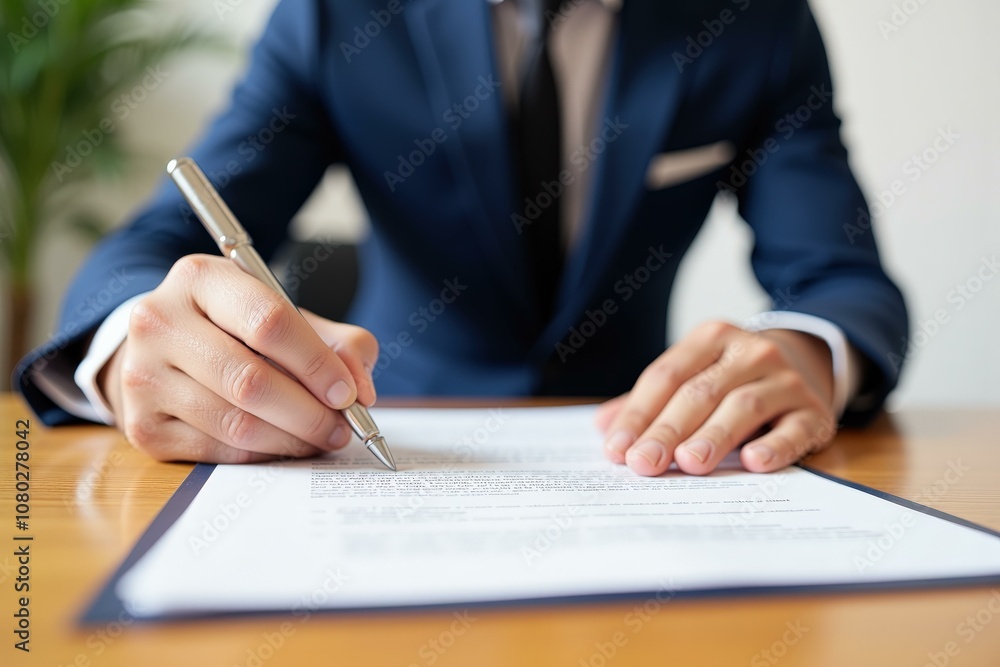 Professional Businessman Signing Document in Office Setting, Perfect for Corporate Marketing, Business Presentations, and Financial Reports Professional Businessman Signing Document in Office Setting, Perfect for Corporate Marketing, Business Presentations, and Financial Reports