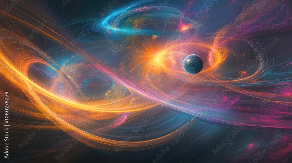 solar system, where planets appear as interconnected orbs of light surrounded by swirling energy fields. solar system, where planets appear as interconnected orbs of light surrounded by swirling energy fields.